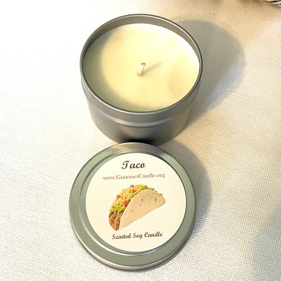 Set of 2 Soy Candles in Tins-Taco Candle-Apple Cider Candle - Picture 3 of 5